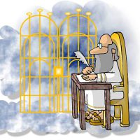 This illustration that I created depicts St Peter sitting at his desk at the Pearly Gates